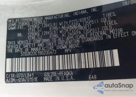 2009 Toyota Sienna Xle from USA, damaged, VIN 5TDZK22C19S235473